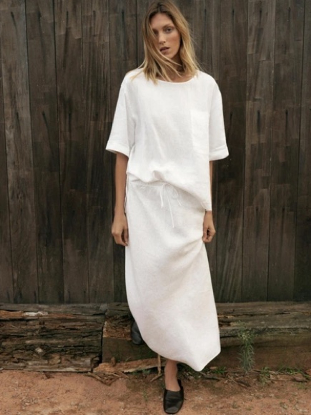 ZARA Linen Set: White Drawstring Midi Skirt & Boxy Blouse XL NWT